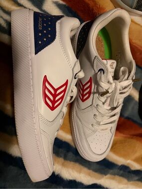 Cariuma White Sneakers with Red Accent and Blue Star Heel. Released for 2024